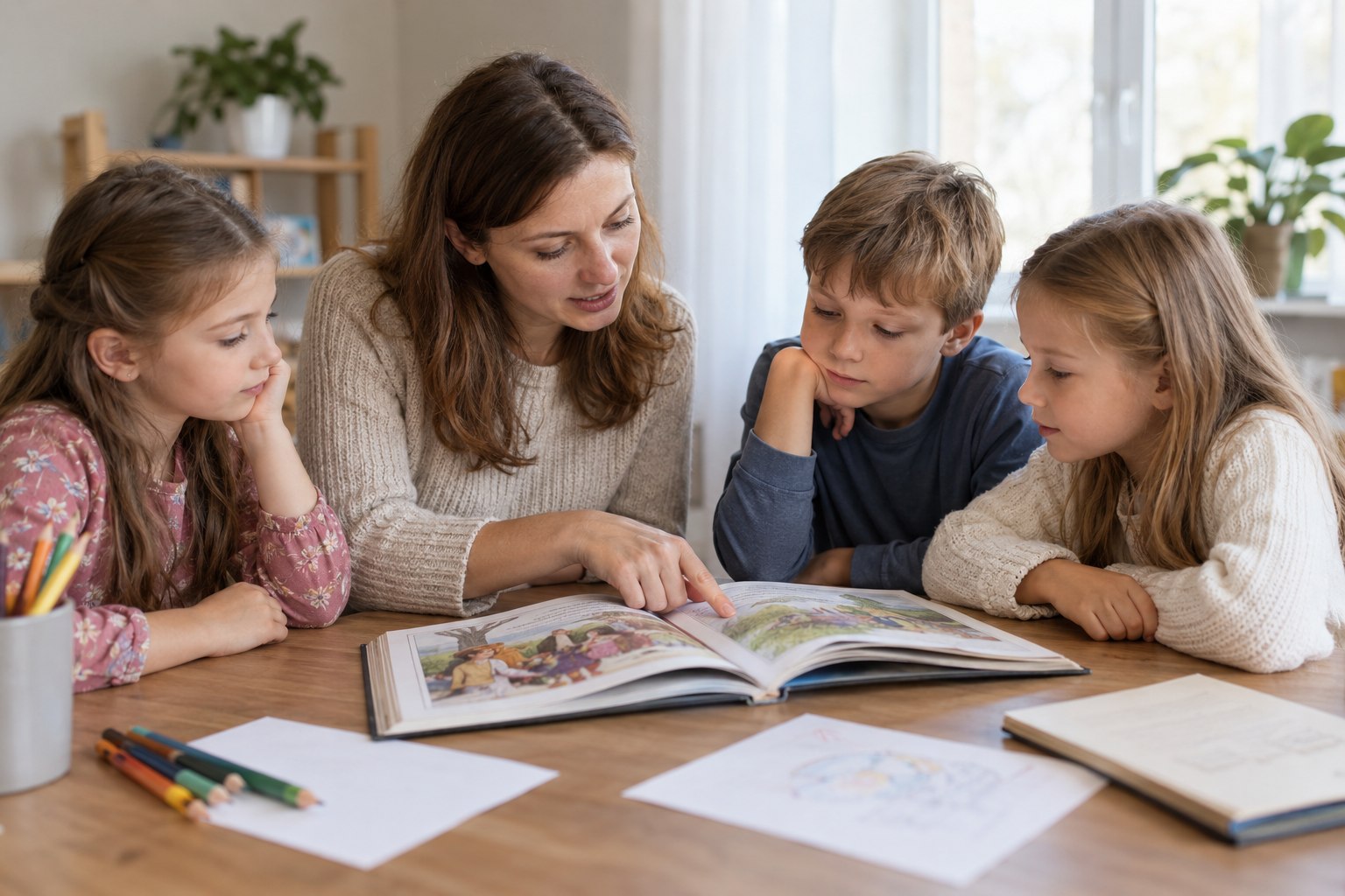 Children's ministry illustration: a mentor reading a book with children