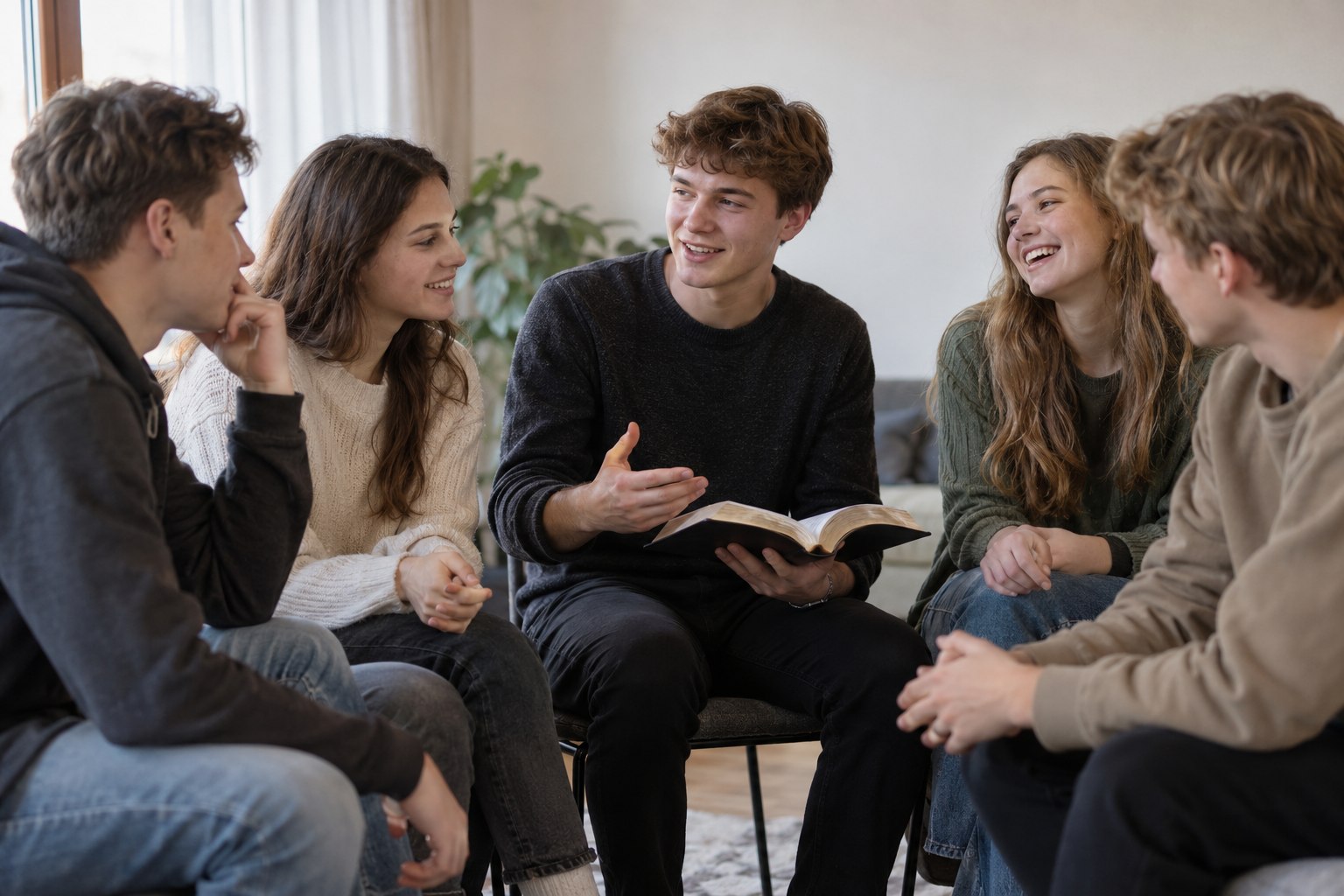 Youth ministry illustration: young people talking and reading the Bible